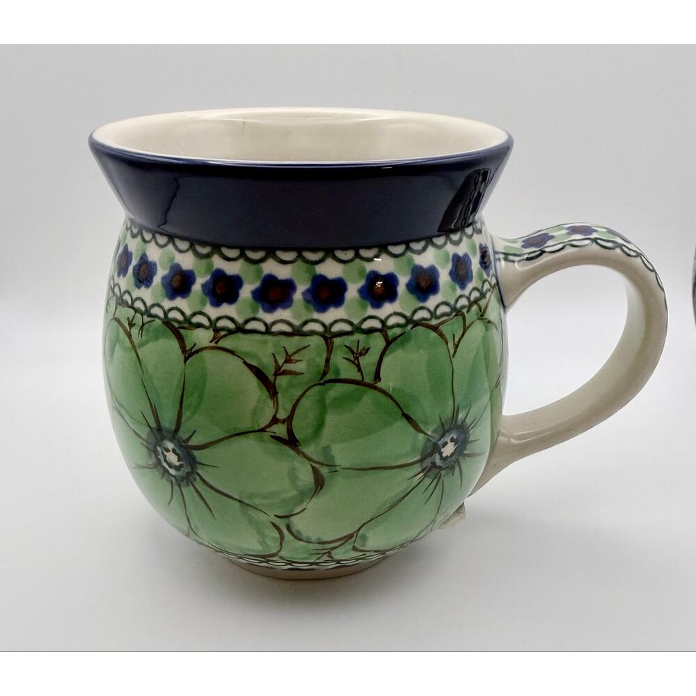 Polish Pottery Unikat Bubble Mug Green Pansies J. Chyła 408A Ceramika New